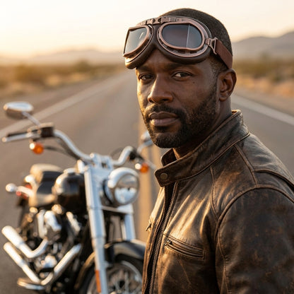 Rider wearing vintage aviator goggles beside a cruiser