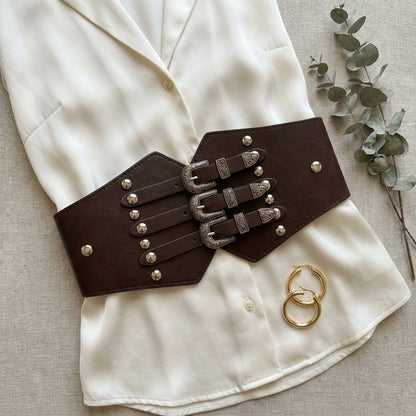Triple Buckle Studded Corset Belt — flatlay view