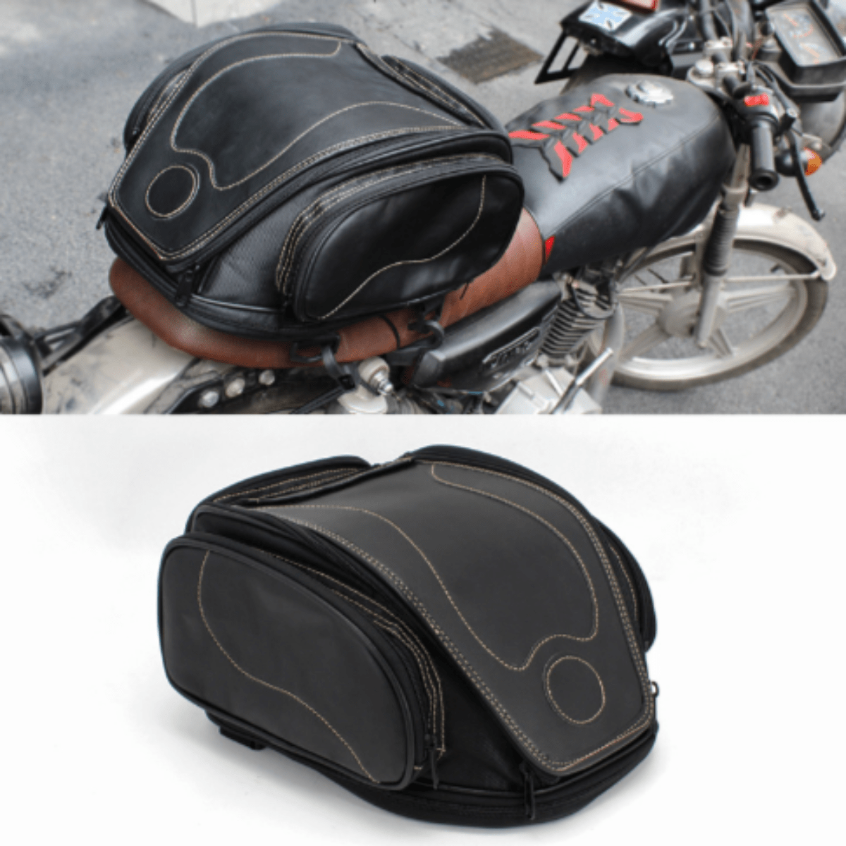 Two pictures of the Universal Motorcycle Retro Tail Bag with Waterproof Cover featuring a waterproof leather and fiber material.
