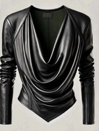 Stylish Leather-Look V-Neck Blouse