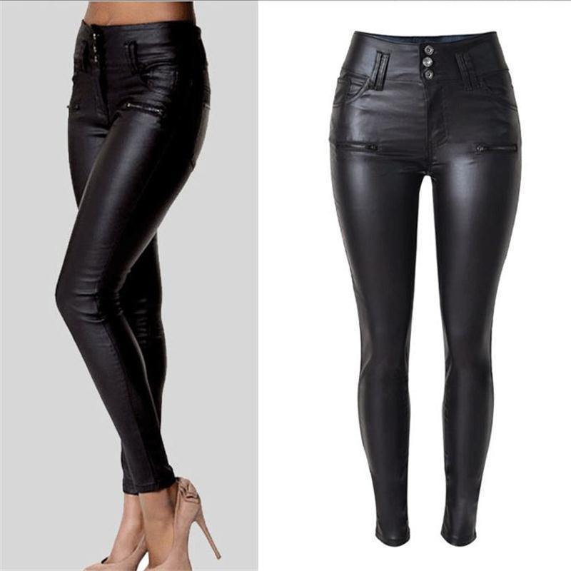 Two images of Chic Black Leather Pants: left showcases them with high heels for a stylish vibe, while the right displays a flat front view, accentuating buttons and pockets that highlight their comfortable biker style.