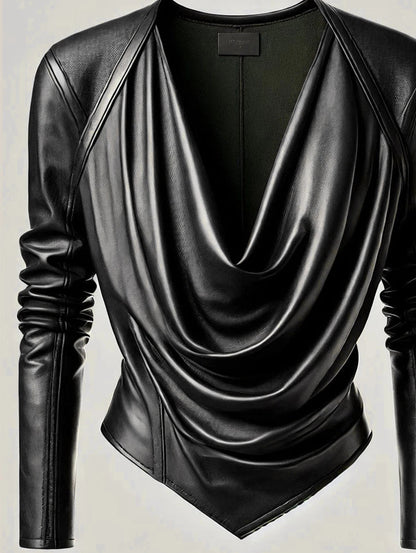Stylish Leather-Look V-Neck Blouse