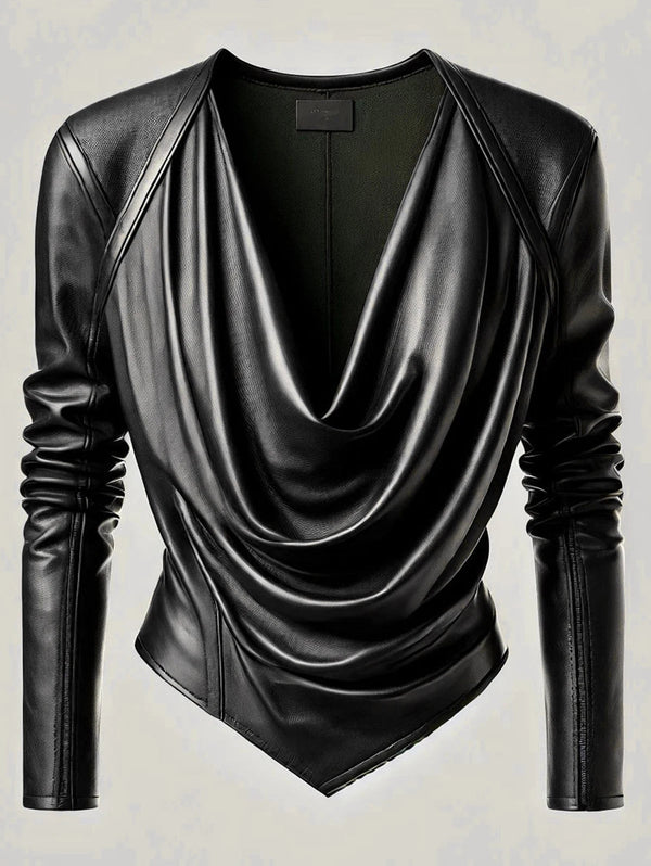 Stylish Leather-Look V-Neck Blouse