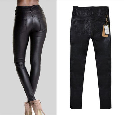 Two stylish images of Chic Black Leather Pants: the left shows a comfortable back view paired with beige heels, while the right displays a biker look with the pants laid flat and tagged.