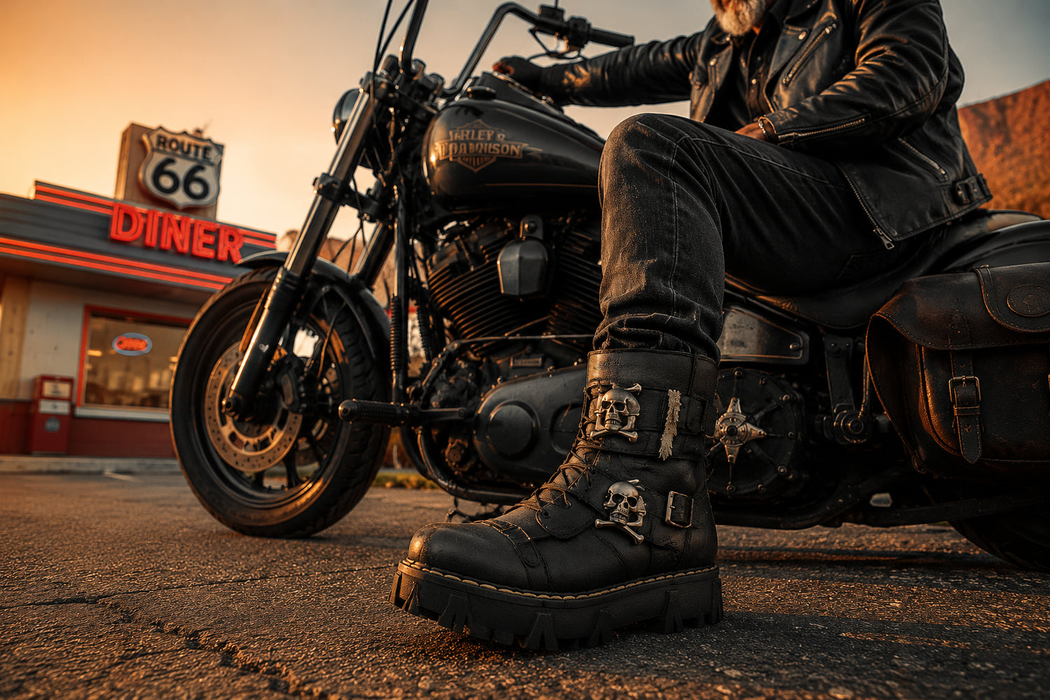 Biker wearing Iron Reign boots at Route 66 diner