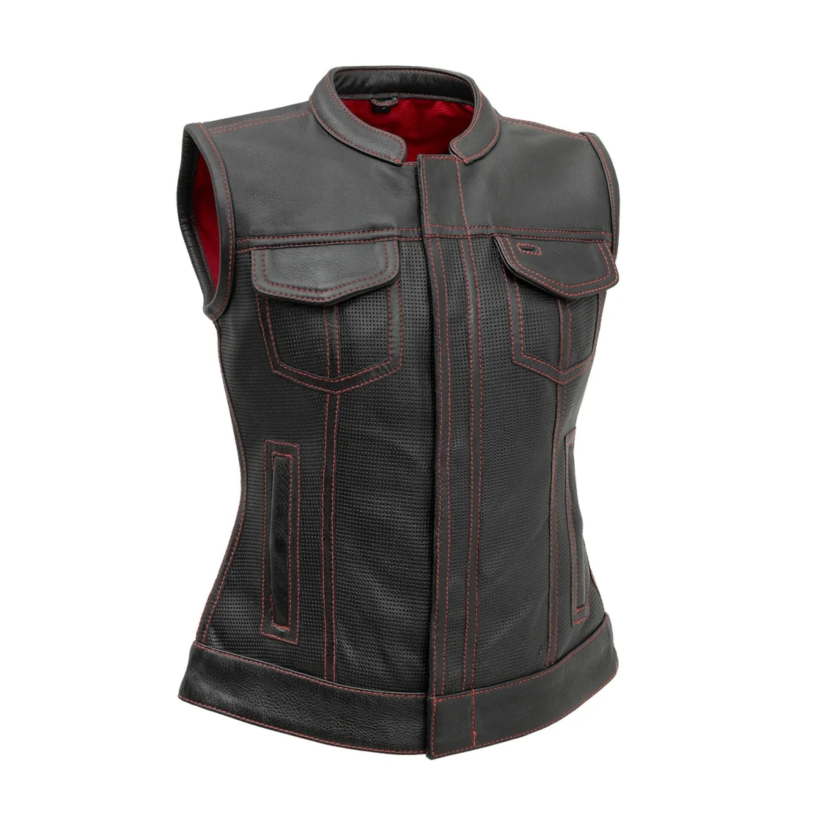Jessica Perforated Women's Motorcycle Leather Vest Women's Perforated Leather Vest Vests Black Red XS