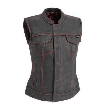 Jessica Women's Motorcycle Leather Vest - Black/Red - Limited Edition Women's Leather Vest Vests XS