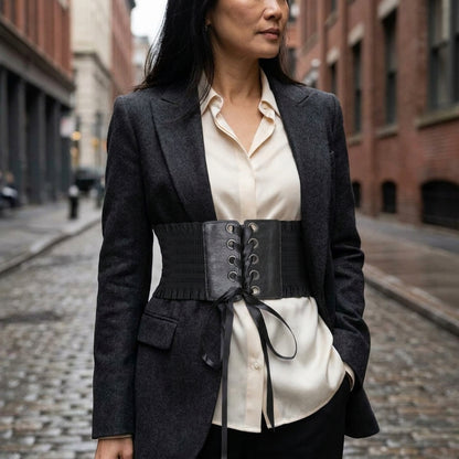 Black lace up corset belt worn over a silk blouse and tailored blazer