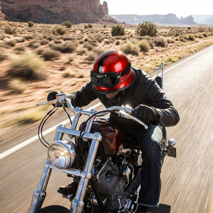 Rider wearing the red German helmet with the goggles down