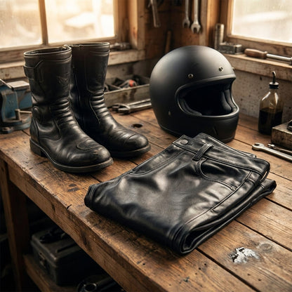 Black leather motorcycle pants folded beside riding boots and a helmet