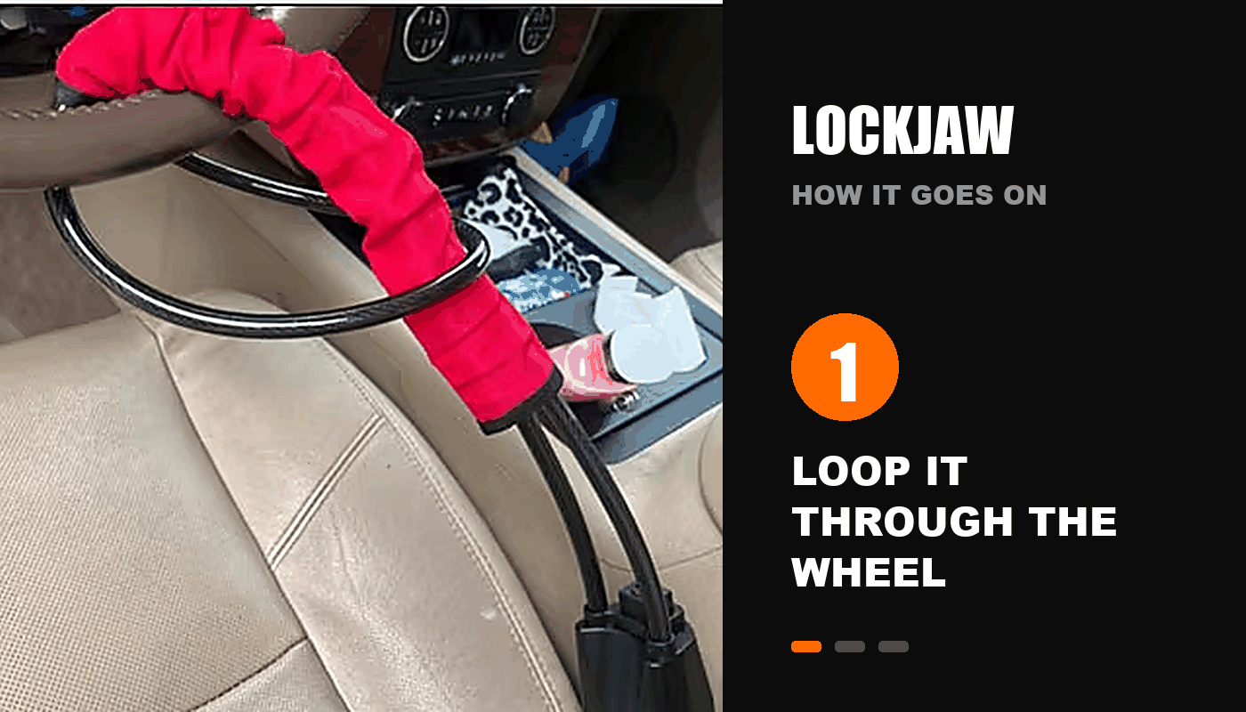 How the LOCKJAW goes on: loop it through the wheel, click it into the buckle, the wheel won't turn