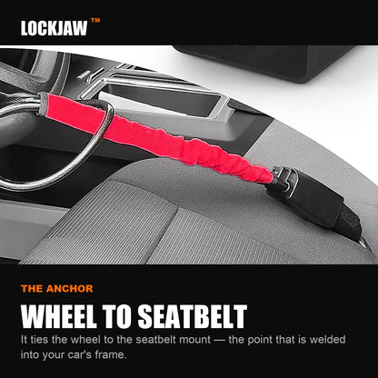 LOCKJAW cable running from the steering wheel to the seatbelt buckle