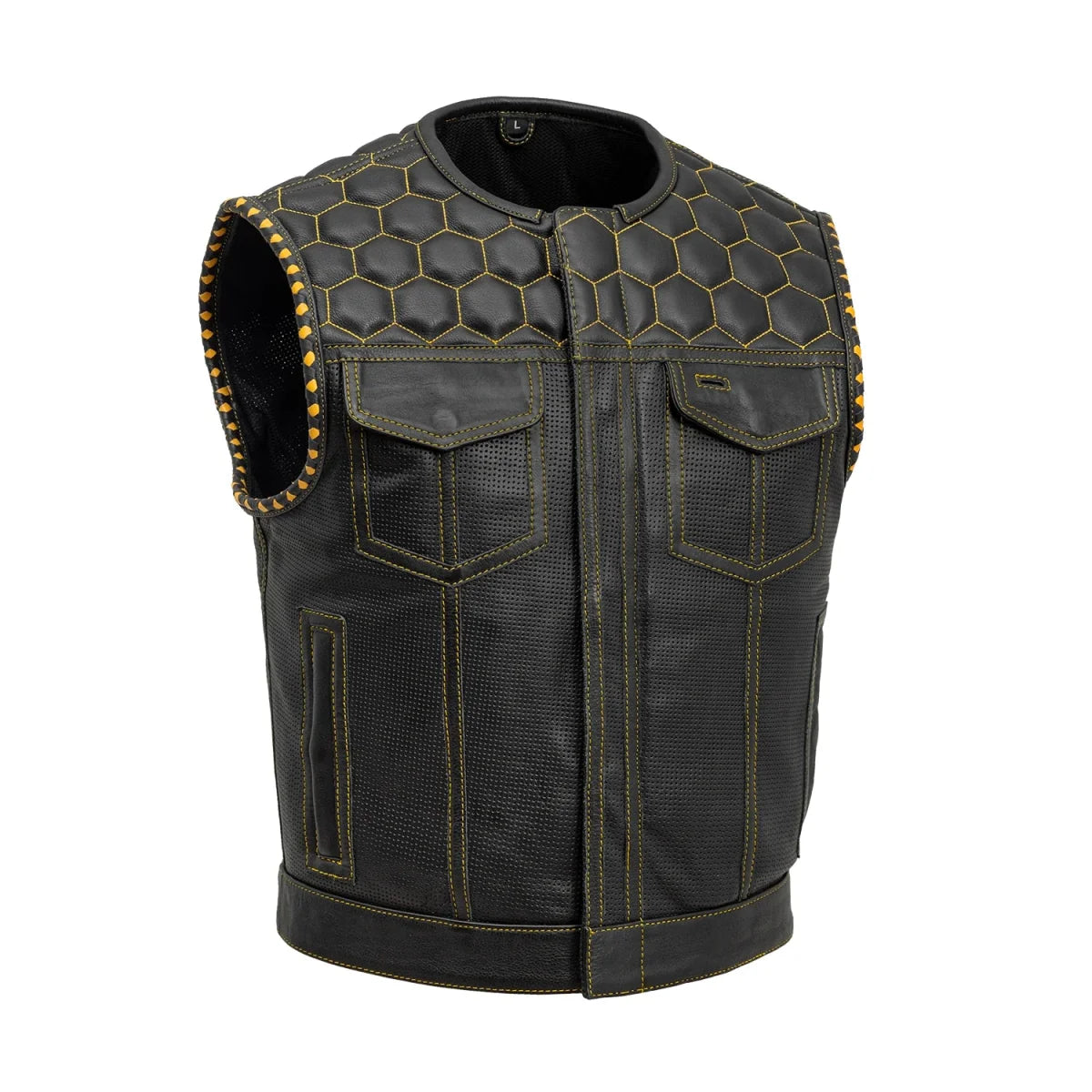 Lowside Hornet Perforated Men's Club Style Leather Vest Men's Perforated Leather Vest Vests Black Gold S