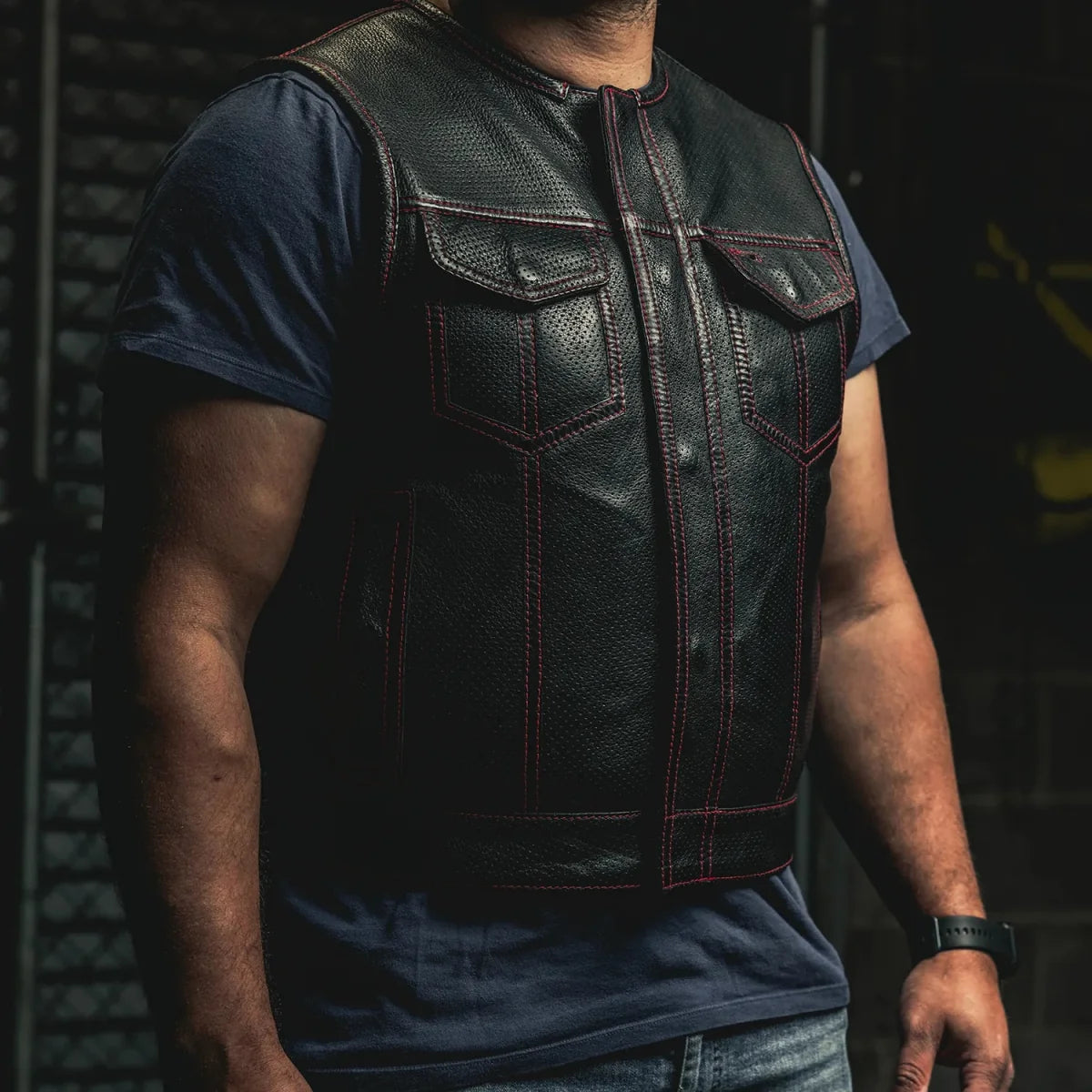 Lowside Men's Perforated Motorcycle Leather Vest Men's Perforated Leather Vest Vests