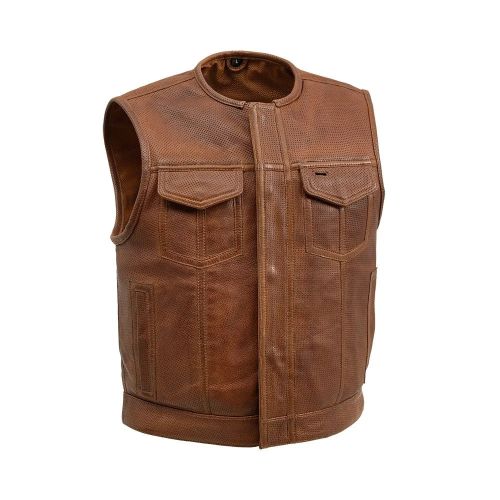 Lowside Men's Perforated Motorcycle Leather Vest Men's Perforated Leather Vest Vests Cognac S