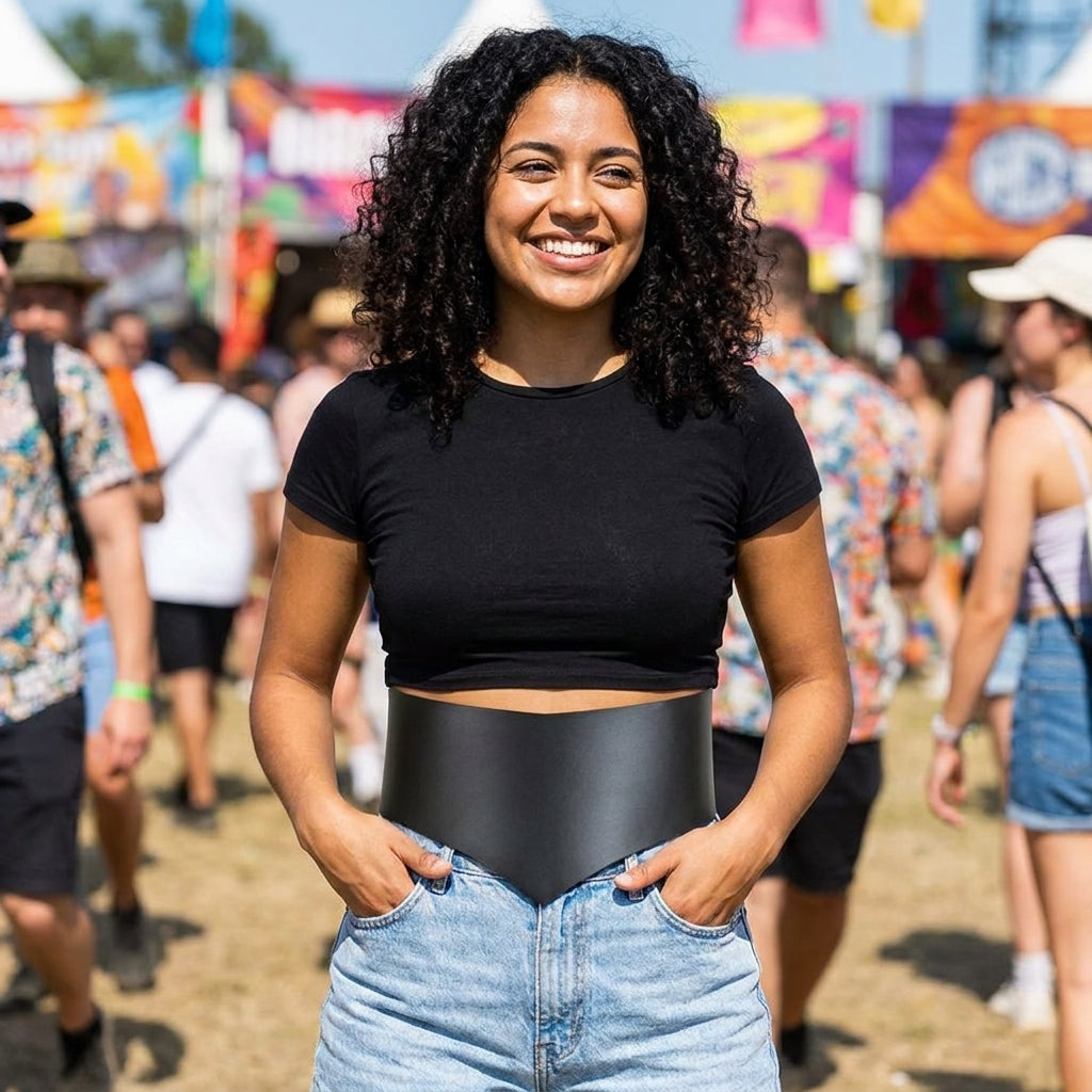 Wide black corset waist belt worn with a crop top and denim at a festival