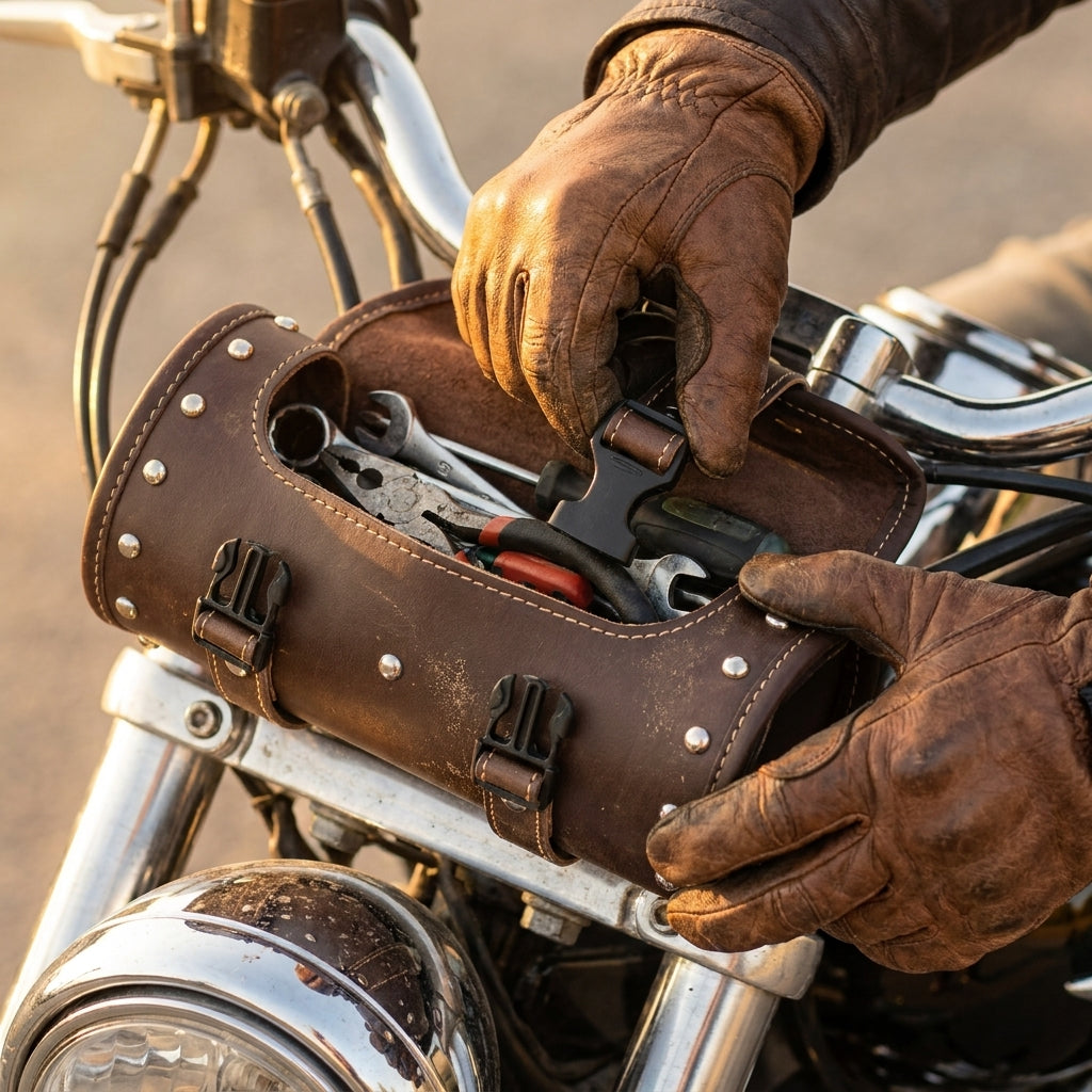 Rider opening the leather tool pouch to reach the tools inside