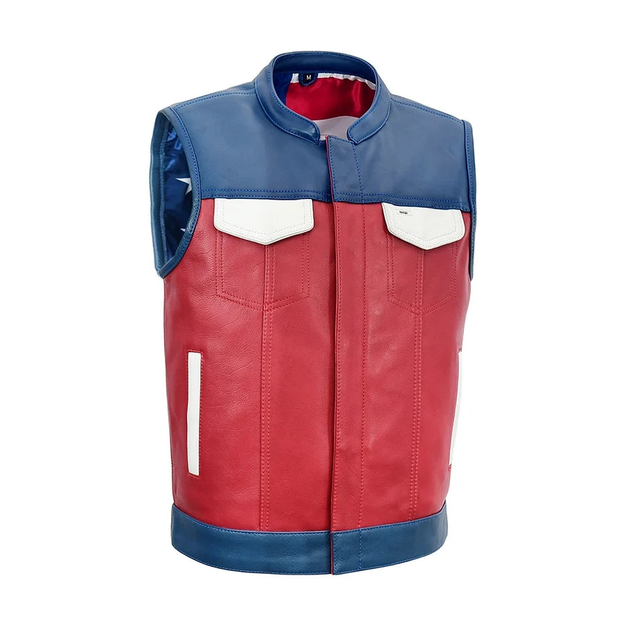 Patriot Rebel Men's Motorcycle Leather Vest Men's Leather Vest Vests Red Blue S