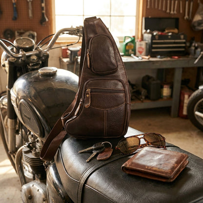 Leather sling chest bag on a motorcycle seat with keys and a wallet