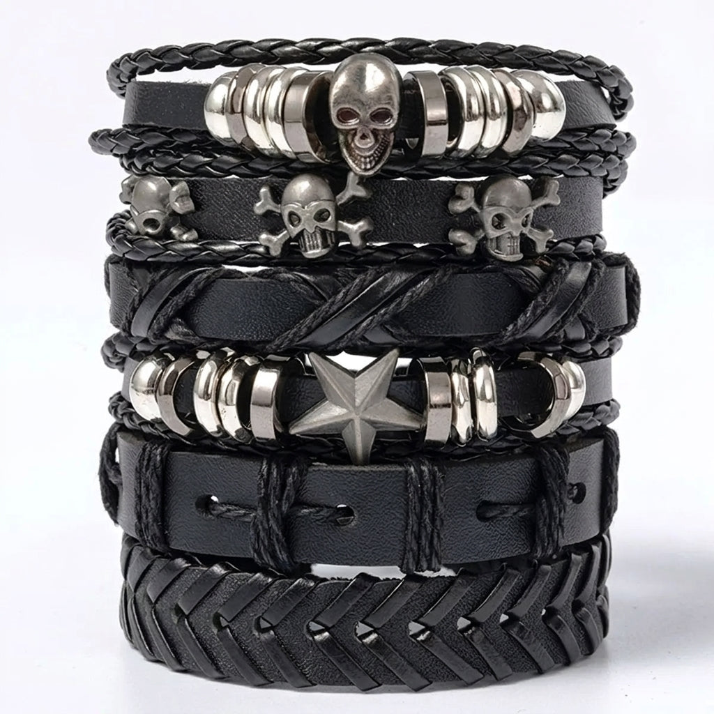Stainless Steel Biker Ring - Set Black Punk Skull & Star Shaped Alloy