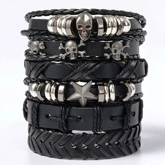 Stainless Steel Biker Ring - Set Black Punk Skull & Star Shaped Alloy