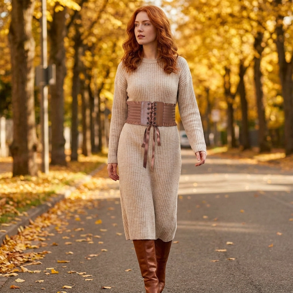 Brown lace up corset belt cinching a ribbed knit dress on an autumn street