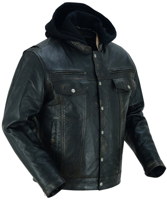 Men's Black Lightweight Drum Dyed  Distressed Lambskin Jacket with Removable Hoodie