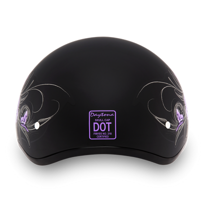 Daytona D.O.T Skull Cap - w/Wild at Heart half shell motorcycle helmet with decorative purple designs on the sides.