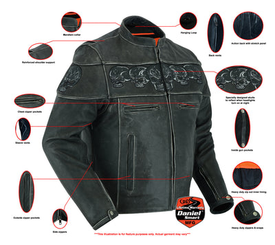 Daniel Smart Men's Motorcycle Leather Jacket - Exposed cowhide leather with detailed labeling of features including armor padding, zippers, and inner lining.