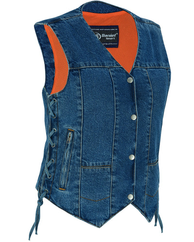 Image shows the Daniel Smart Women's 6 Pocket Denim Utility Vest in blue, featuring a sleeveless design with an orange lining, a button-up front, side laces, and zippered pockets. The inner back brand label reads "Daniel." Additionally, the vest is equipped with concealed gun pockets for convenient and discreet storage.