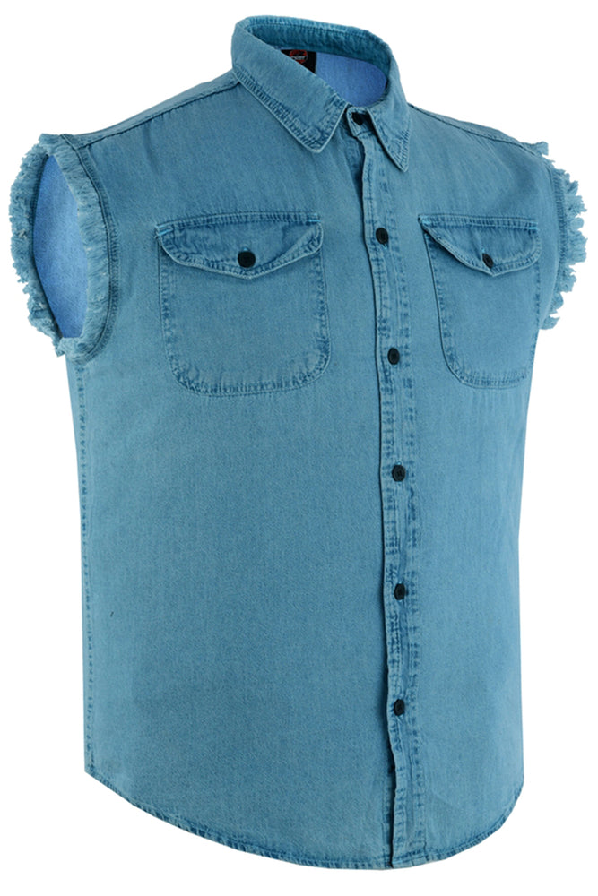 Daniel Smart Men's Blue Lightweight Sleeveless Denim Shirt with frayed armholes and button-front closure, featuring two chest pockets.