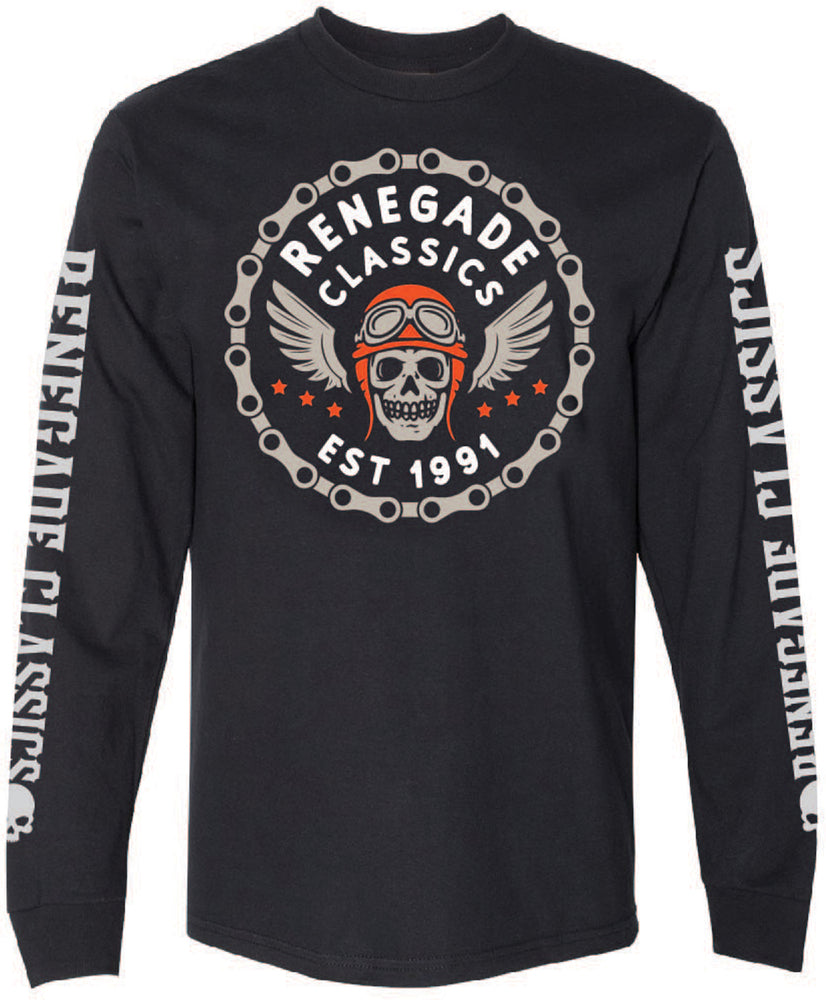 Daniel Smart Men's Chain Skull Long Sleeve Shirt features a black long sleeve design with "Renegade Classics" text and a logo of a flying skull with goggles on the chest and sleeves. This 50/50 cotton/polyester shirt reads "Renegade Classics EST 1991" and boasts moisture-wicking properties.