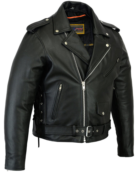 Men’s Classic Side Lace Police Black Leather Motorcycle Jacket