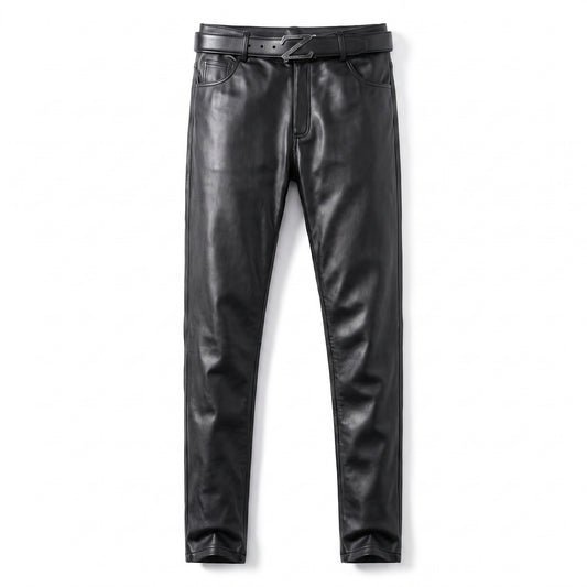 Motorcycle Tie-Down Straps - Men's Leather Pants Skinny Fit Elastic Fa