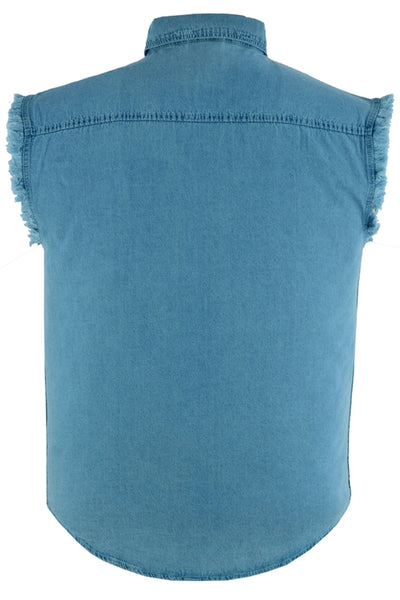 Back view of a Daniel Smart Men's Blue Lightweight Sleeveless Denim Shirt with a frayed armhole trim, pointed collar, chest pockets, and button-front closure.