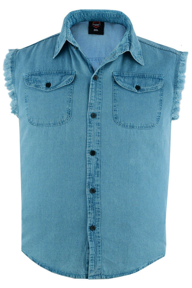 Daniel Smart Men's Blue Lightweight Sleeveless Denim Shirt in lightweight cotton denim with frayed armholes, button-front closure, two chest pockets, and a collar. The shirt is in a light blue wash and labeled as size 2XL.