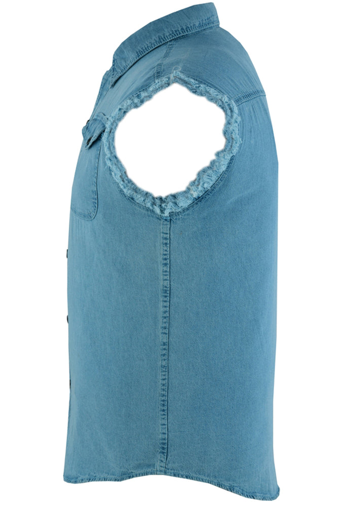 Side view of a Daniel Smart Men's Blue Lightweight Sleeveless Denim Shirt with a point collar and frayed armholes. Made from lightweight cotton denim, the light blue shirt features button-front closures along the front and chest pockets.