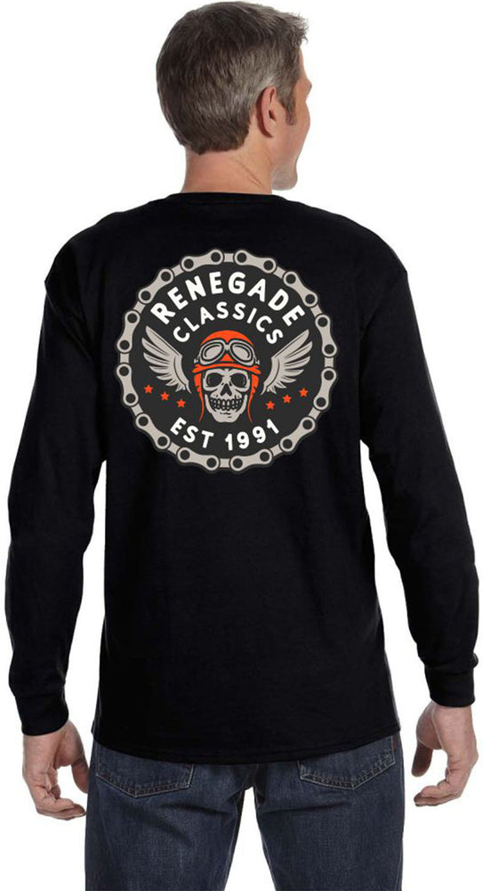 Man in a black Daniel Smart Men's Chain Skull Long Sleeve Shirt, made from 50/50 Cotton/Poly blend with the "Renegade Classics" logo, featuring a skull with goggles and wings encircled by a bike chain design and the text "Est 1991" on the back, boasting moisture-wicking properties.