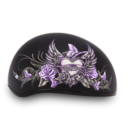 Custom-painted black Daytona D.O.T Skull Cap Helmet with a winged heart and roses design, featuring moisture wicking fabric.