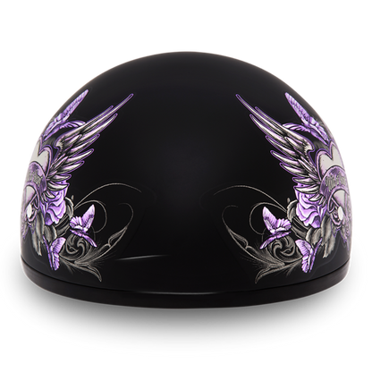 Black Daytona D.O.T Skull Cap Half Shell Helmet with purple wing graphics.