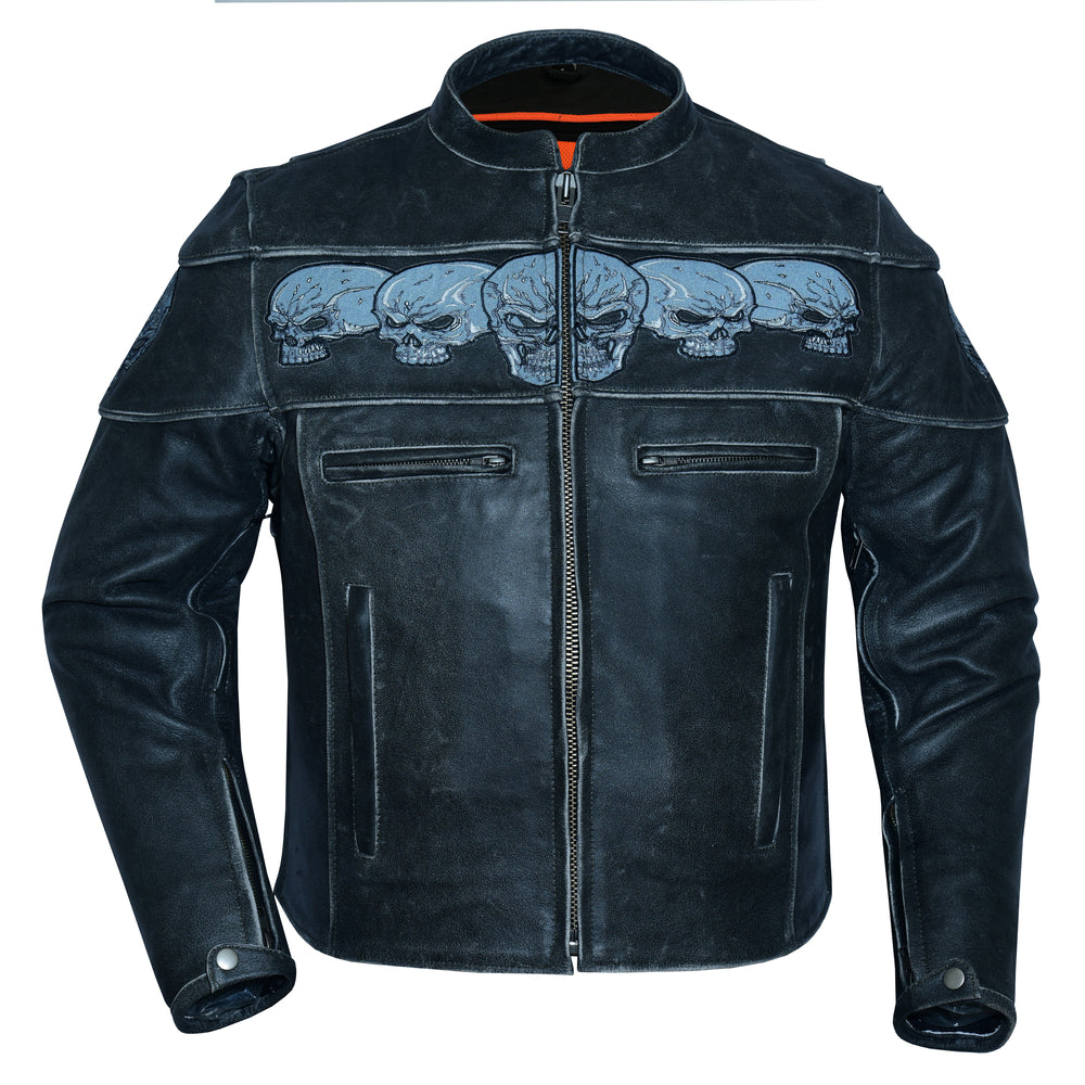 Daniel Smart Men's Motorcycle Leather Jacket - Exposed with a decorative skull design across the chest and concealed gun pockets, displayed on a white background.