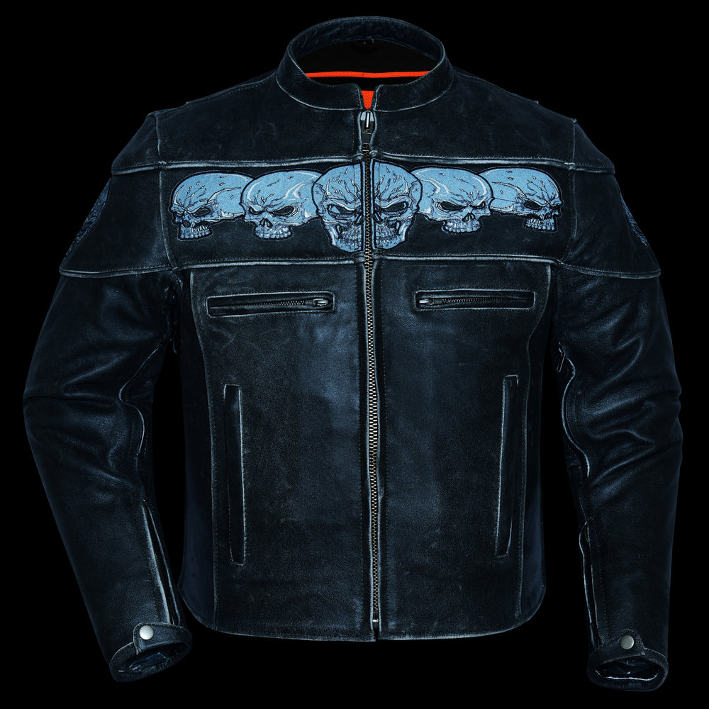 Daniel Smart Men's Motorcycle Leather Jacket - Exposed with a distinctive design of three blue skulls across the shoulders, featuring a front zipper and two concealed gun pockets.