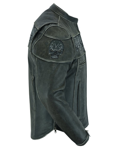 Side view of a Daniel Smart Men's Motorcycle Leather Jacket - Exposed with embroidered skull designs on the upper back.