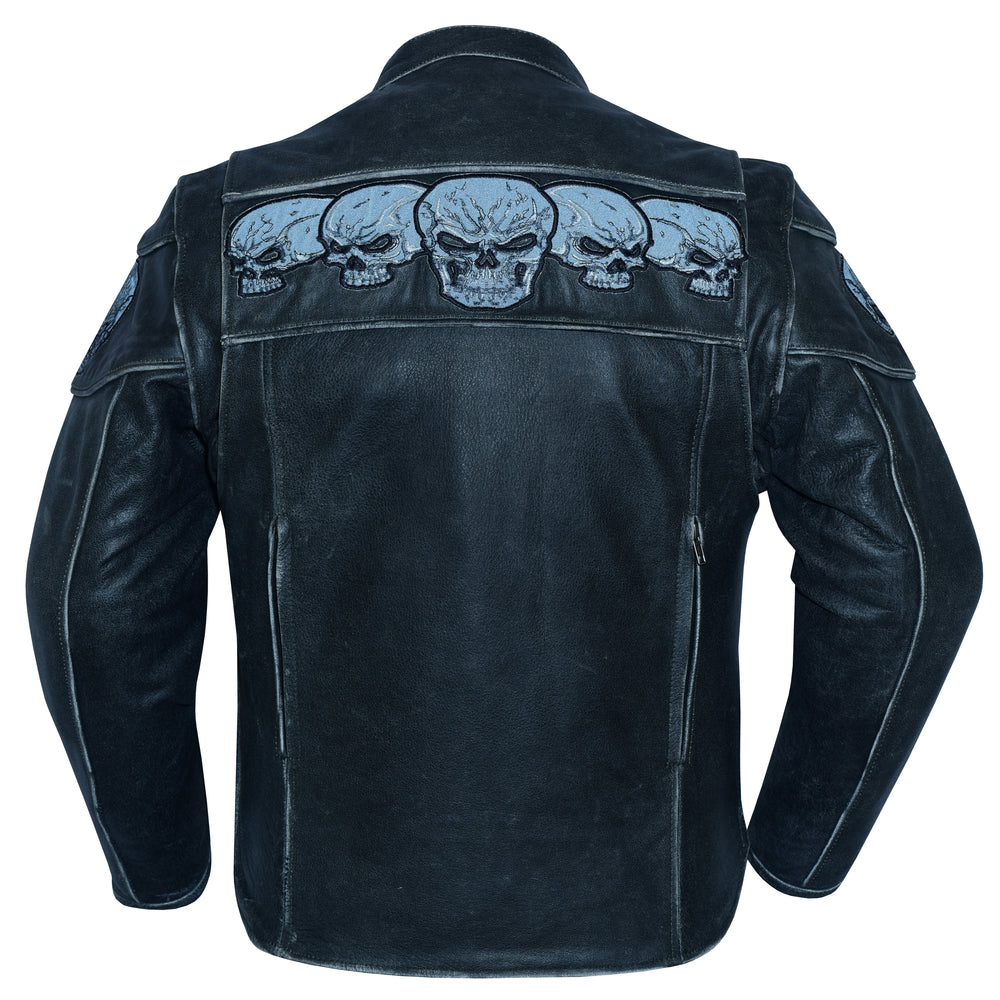 Back view of a Daniel Smart Men's Motorcycle Leather Jacket - Exposed with three blue skull designs embroidered across the upper back.