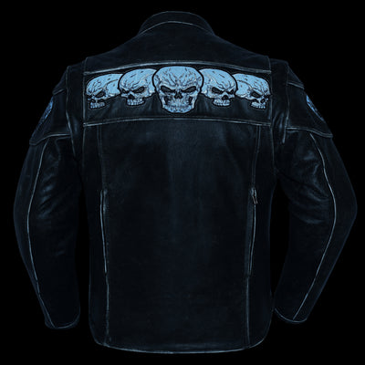 Daniel Smart Men's Motorcycle Leather Jacket - Exposed with three white skull designs on the upper back, displayed against a dark background.