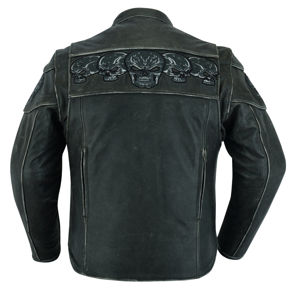 Back view of a Daniel Smart Men's Motorcycle Leather Jacket - Exposed featuring embroidered skull designs on the upper back and zipper details on the sleeves.