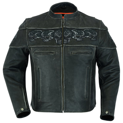 Daniel Smart Men's Motorcycle Leather Jacket - Exposed with skull design on the upper back, featuring multiple zippered pockets and a mandarin collar.