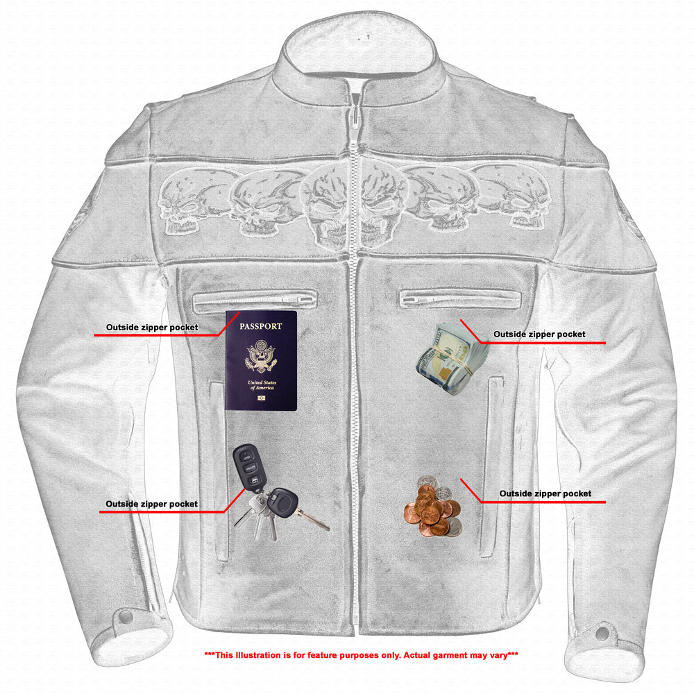 Illustration of a Daniel Smart Men's Motorcycle Leather Jacket - Exposed with labeled outside zipper pockets containing a passport, keys, and coins; decorative floral pattern on the chest.