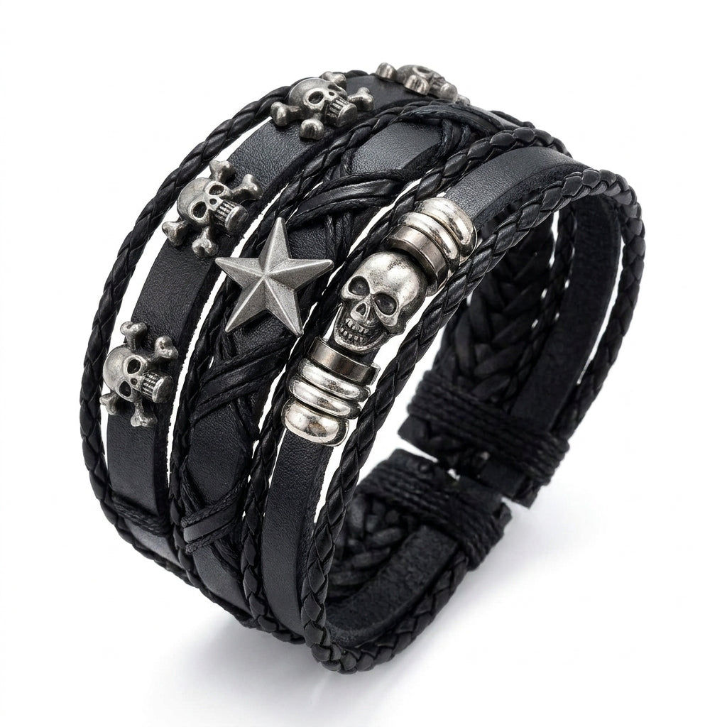 Stainless Steel Biker Ring - Punk Multilayer Antique Leather Bracelet