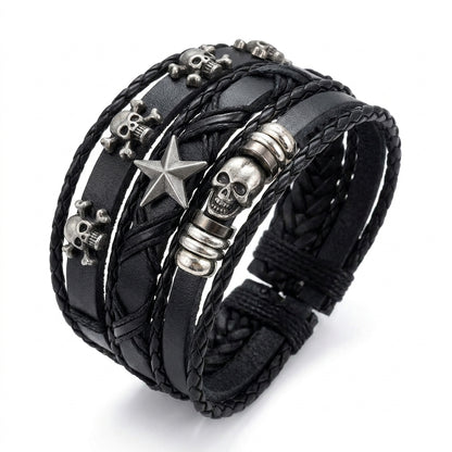 Stainless Steel Biker Ring - Punk Multilayer Antique Leather Bracelet